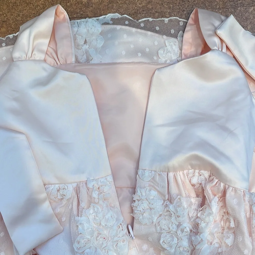 Bonnie Jean Girls Lace Floral Pink Satin Dress, Size 6, EUC, Flower Girl Dress